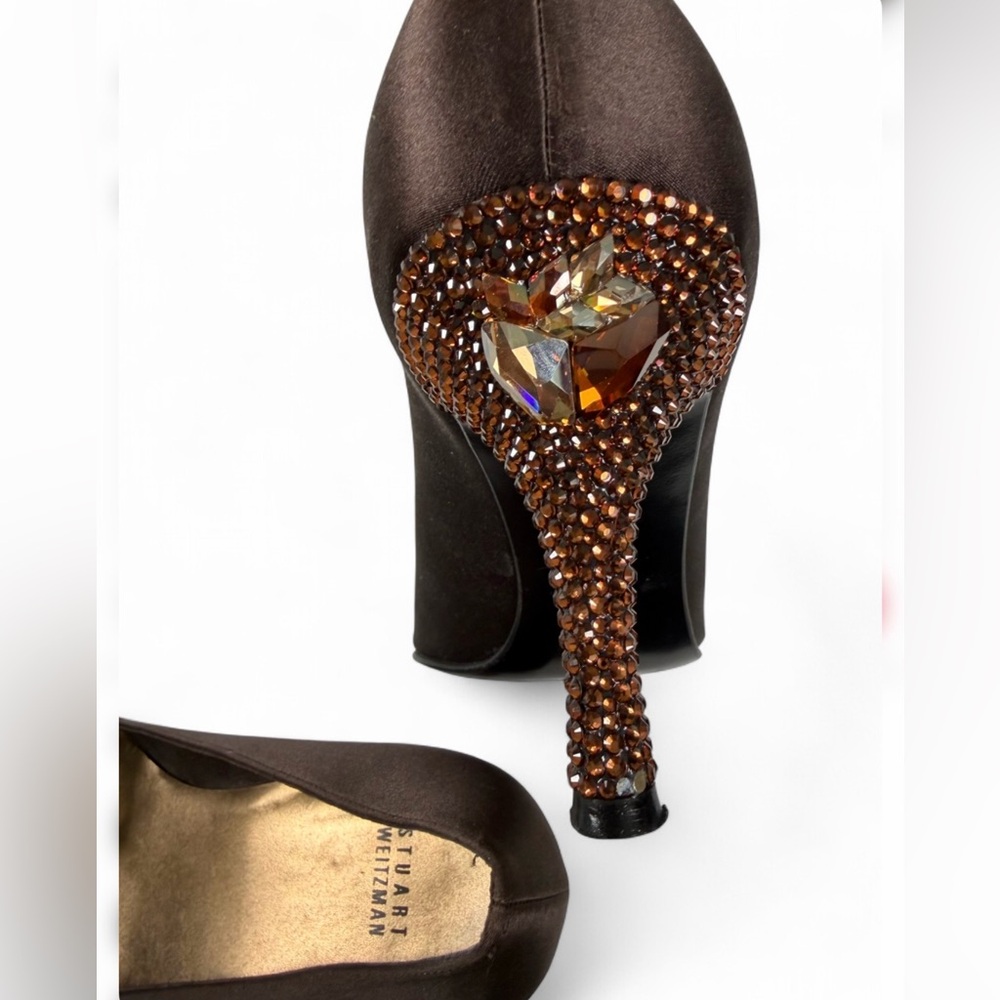 Stuart Weitzman Brown Satin Crystal-Embellished Peep-toe Heels